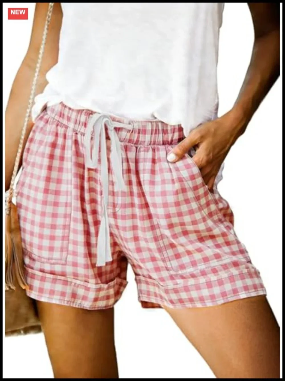 Women's High Waisted Plaid Bermuda Shorts Cotton Drawstring Casual Baggy